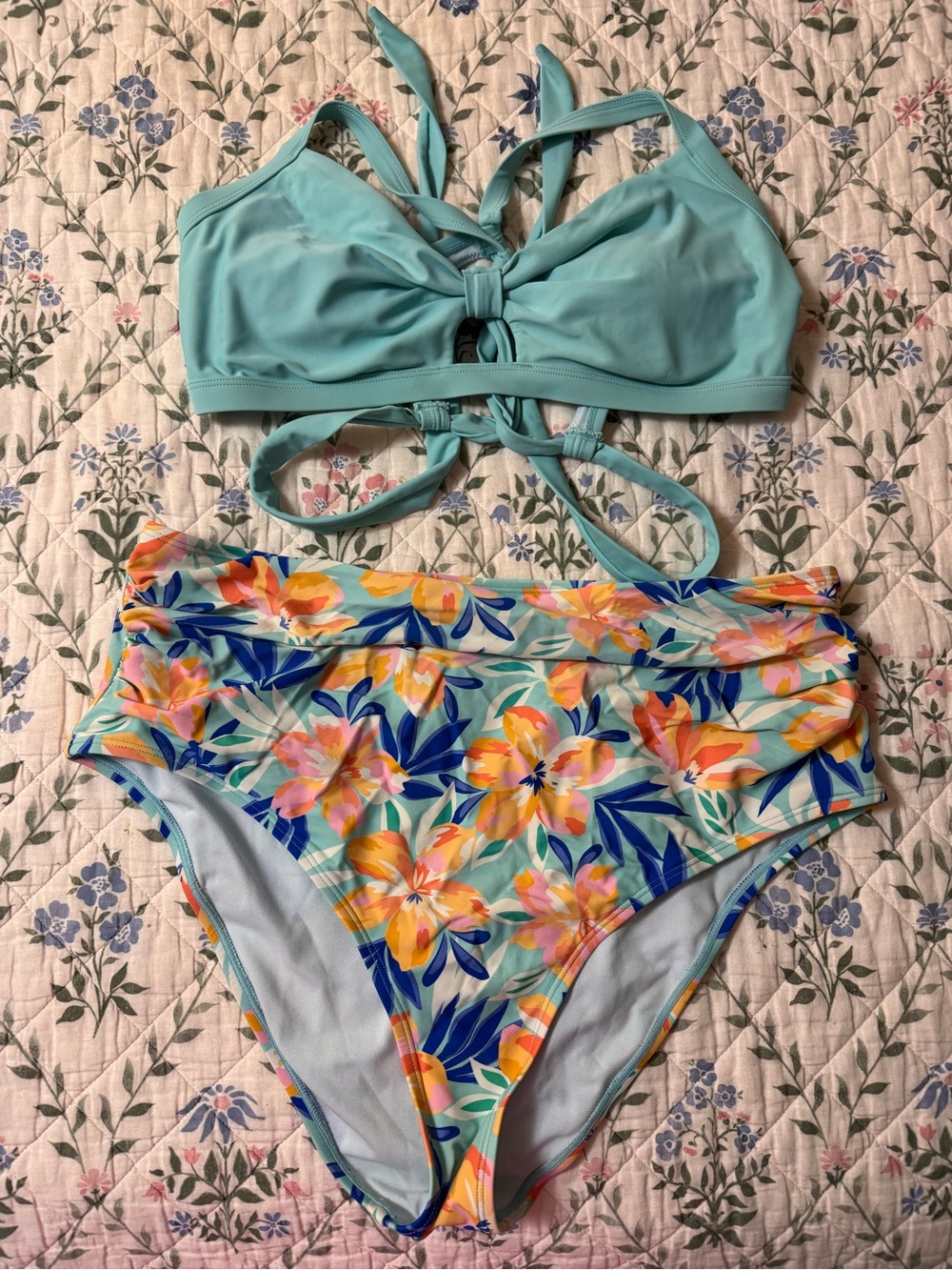 Mint Blue Halter Bikini Top with Floral High-Waist Bottoms